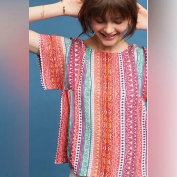 Anthropologie Maeve Milla Multicolor Striped Colorful Short Sleeve Top Size M - Picture 1 of 9
